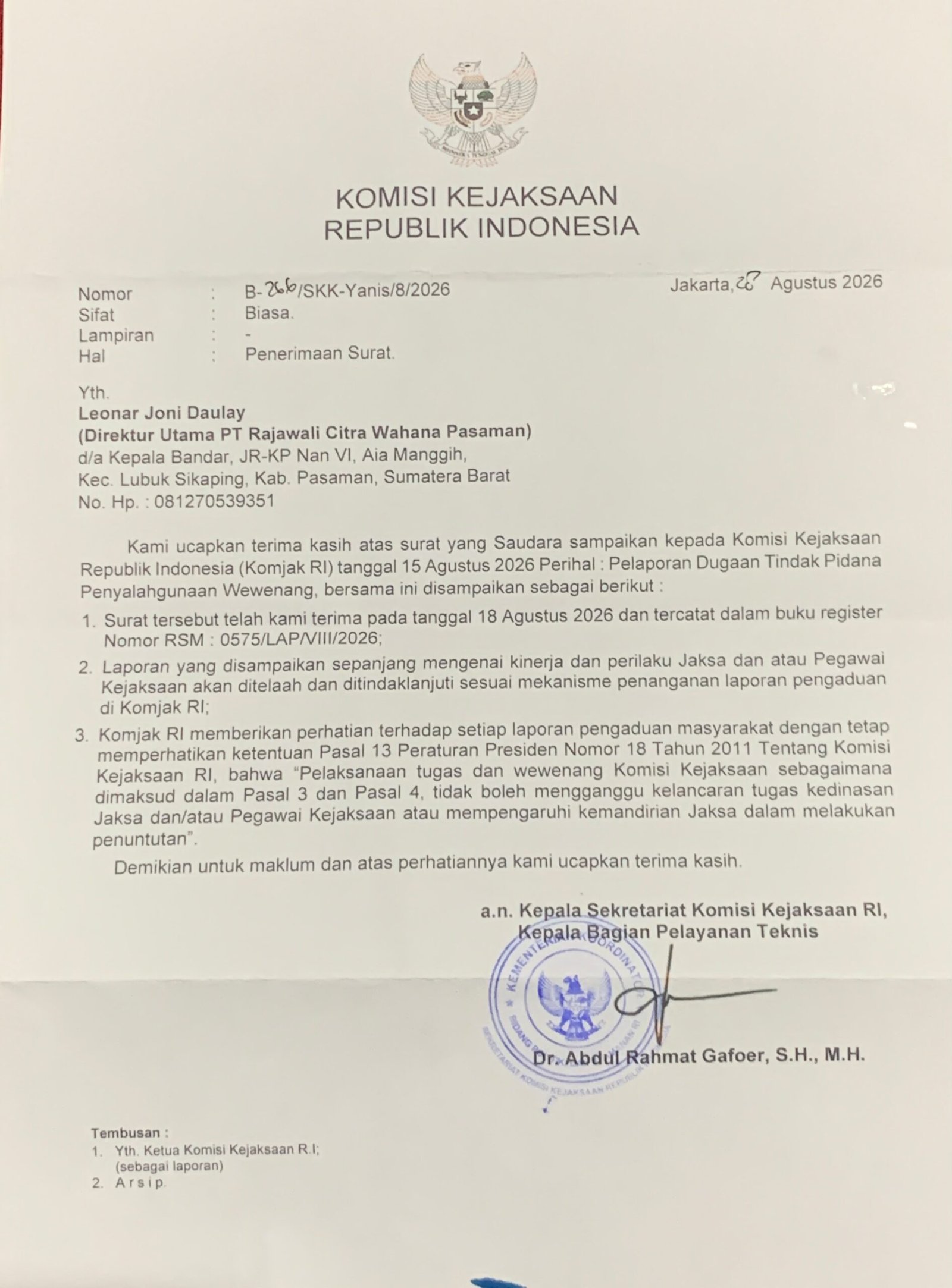 Komisi Kejaksaan Terima Laporan Dugaan Penyalahgunaan Wewenang di Pasaman 2 IMG 20260928 WA0101 scaled