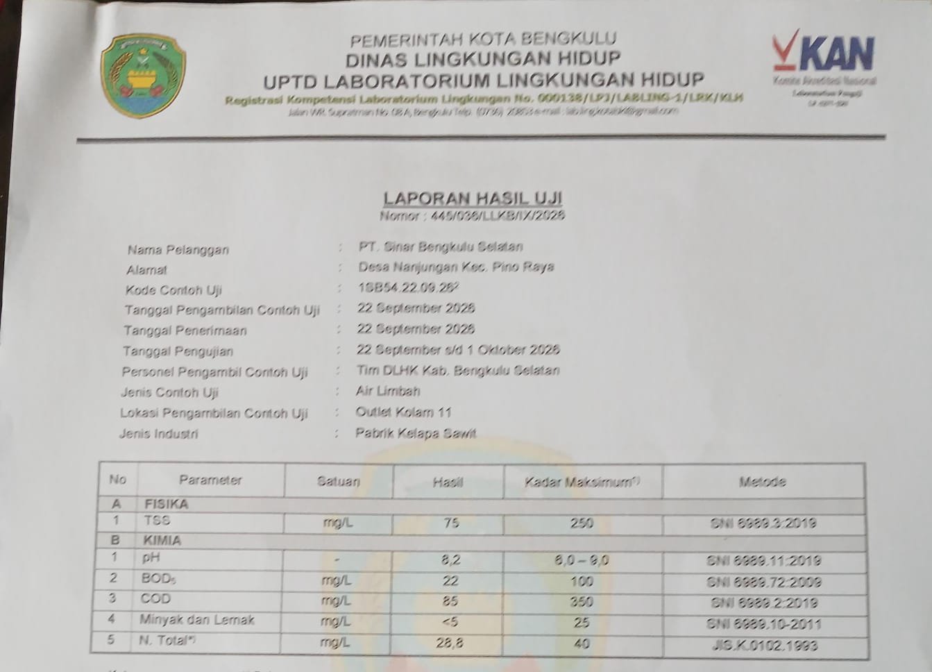 Hasil Uji Laboratorium Soroti Air Sungai Selai, BOD dan COD di Atas Baku Mutu 2 IMG 20261007 WA0135